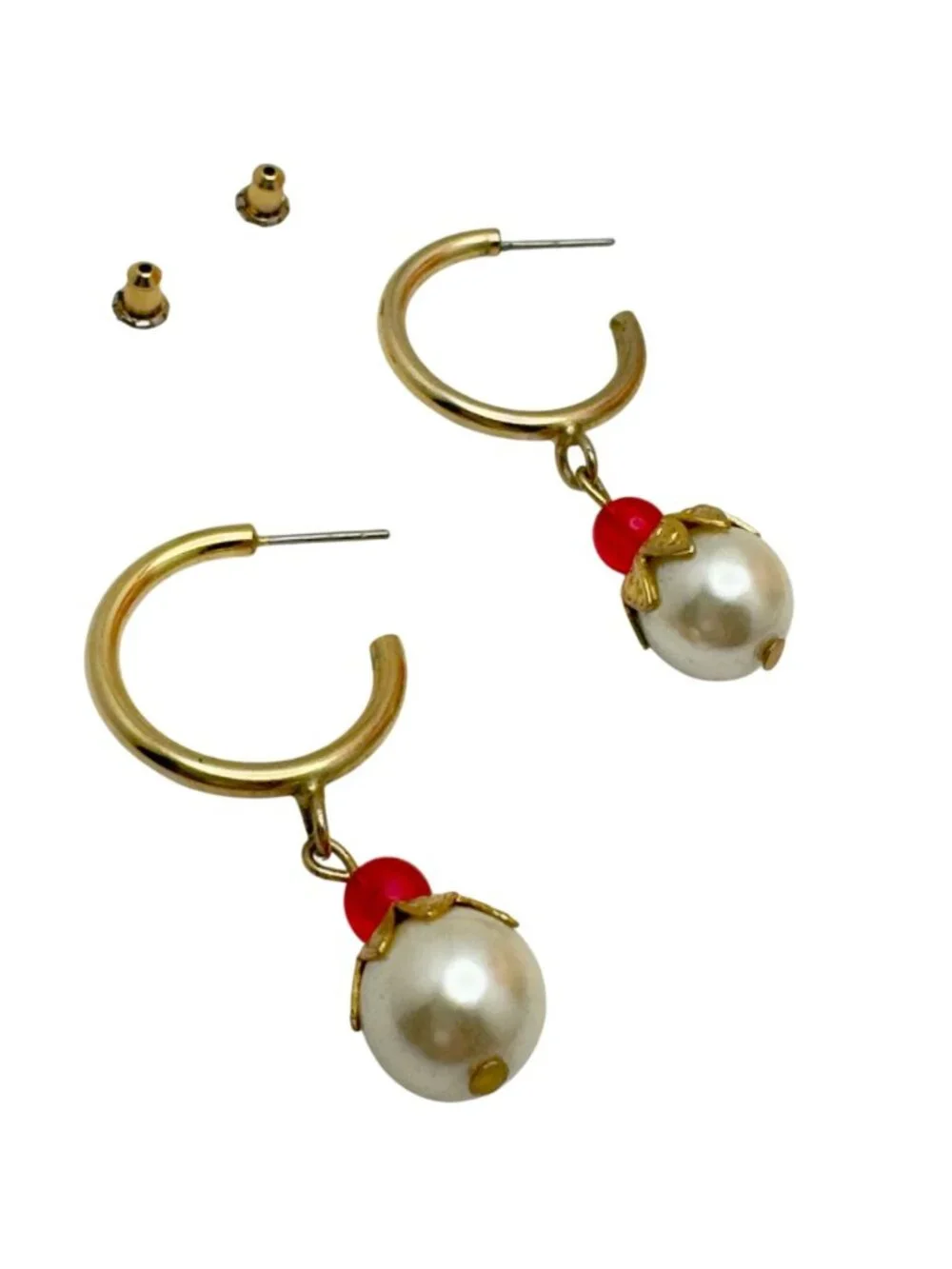 Gold Tone Hoop Earrings Red White Bead Dangles Lightweight Vintage - Picture 2 of 7